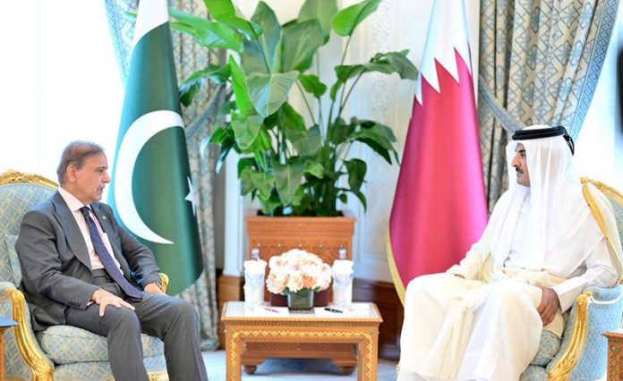 Prime Minister Muhammad Shehbaz Sharif meets Amir of Qatar his Highness Skeikh Tamim bin Hamad Al Thani