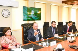 Federal Minister for Finance and Revenue, Senator Muhammad Aurangzeb, holding a meeting with a delegation of the Pakistan Business Council (PBC) at the Finance Division .