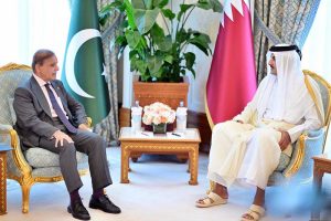 Prime Minister Muhammad Shehbaz Sharif meets Amir of Qatar his Highness Skeikh Tamim bin Hamad Al Thani