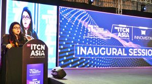 Federal Minister for Information Technology (IT) and Telecommunication Shaza Fatima Khawaja addressing the launching ceremony of 26th ITCN Asia expo at Expo Centre.