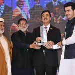 Chairman Senate Syed Yousaf Raza Gilani and Former Senate Chairman Mian Muhammad Soomro giving award during 17th Rice Export Trophy Awards organized by the Rice Exporters Association of Pakistan (REAP)