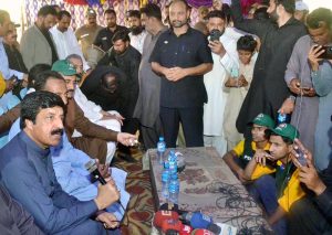 Governor Punjab Sardar Saleem Haider Khan talking to the media during his visit to flood-hit Jandwali Colony in Rajoya Saddat, District Chiniot.