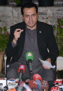 State Minister for Interior, Senator Talal Chaudhary, addressing a press conference at his residence