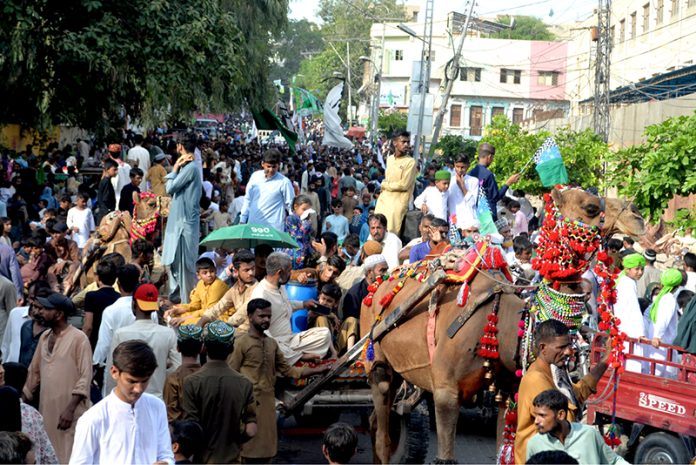 A large number of people with Camel carts participating in a Jaloos on the eve of Eid-e-Milad-un-Nabi SAAW the commemoration of the birth anniversary of Prophet Mohammed SAAW
