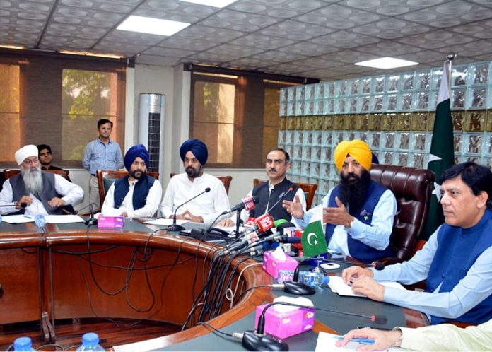 Sardar Ramesh Sungh Arora, Punjab Minister for Minorities Affairs and President of the Pakistan Sikh Gurdwara Parbandhak Committee addressing to media