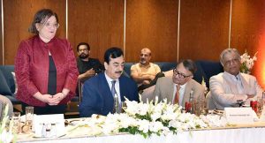 Senator Sarmad Ali, Chairman of the Pakistan-Italy Parliamentary Friendship Group presenting a souvenir to Italian Ambassador to Pakistan, Mrs. Marilina Armellin at a luncheon hosted in her honor.