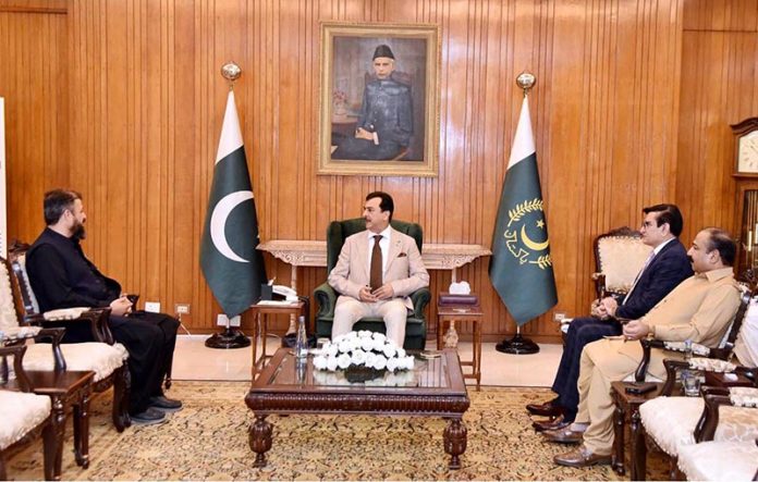 Acting President Syed Yousuf Raza Gilani in a meeting with Senator Abdul Shakoor, MNA Mr. Naveed Aamir Jeeva, and MNA Mr. Qadir Khan Mandokhail at Aiwan-e-Sadr