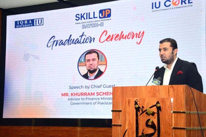 Advisor to Federal Finance Minister, Khurram Schehzad, addressing the audience at the “Skill-Up Batch-II Graduation Ceremony” at Iqra University