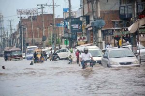 A view of rain water accumulated on the road after heavy rain in the city.