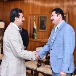 Acting President Syed Yousuf Raza Gilani shaking hands with Governor of Khyber Pakhtunkhwa, Mr. Faisal Karim Kundi, at Aiwan-e-Sadr.