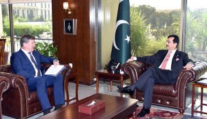 Chairman Senate, Syed Yousaf Raza Gilani, in a meeting with Mr. Raimundas Karoblis, Ambassador of European Union (EU) to Pakistan, at Parliament House.