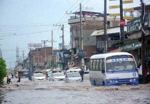 A view of rain water accumulated on the road after heavy rain in the city.