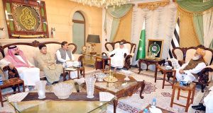 Deputy Chairman Senate, Syedaal Khan in a meeting with Maulana Fazal Ur Rehman, President of Jamiat Ulema-e-Islam (F) and Saudi Ambassador to Pakistan, Nawaf Bin Said Al-Malki.