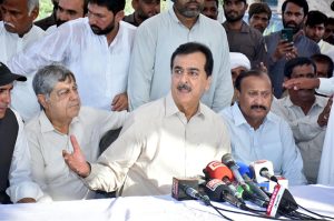 Chairman Senate Syed Yousuf Raza Gilani talking to media at Ghalloo School, Jhok Wains, where flood relief camps have been established