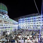 An illuminated view of Faizan-e-Madina Masjid decorated with colorful lights as the city prepares to celebrate the blessed occasion of 12th Rabi-ul-Awwal, Eid Milad-un-Nabi (SAWW)