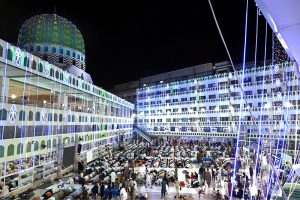 An illuminated view of Faizan-e-Madina Masjid decorated with colorful lights as the city prepares to celebrate the blessed occasion of 12th Rabi-ul-Awwal, Eid Milad-un-Nabi (SAWW)