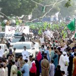 The main procession of 12 Rabi ul Awwal, commemoration of the birth anniversary of Prophet Mohammed SAAW passing through M.A Jinnah