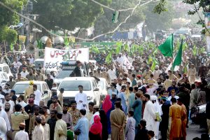 The main procession of 12 Rabi ul Awwal, commemoration of the birth anniversary of Prophet Mohammed SAAW passing through M.A Jinnah