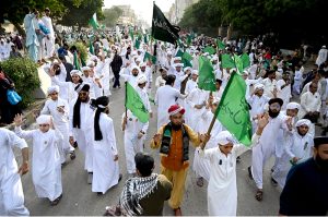 The main procession of 12 Rabi ul Awwal, commemoration of the birth anniversary of Prophet Mohammed SAAW passing through M.A Jinnah