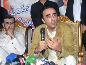 Chairman Pakistan People’s party Bilawal Bhutto Zardari addressing a press conference during his visit to the flood affected area Moradabad.