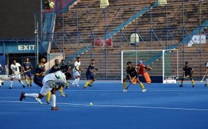 Players in action as they vie for the ball during the hockey match between National Bank of Pakistan and Pakistan Customs in the 4th Chief of the Naval Staff All Pakistan Hockey Tournament 2025.
