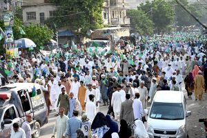 The main procession of 12 Rabi ul Awwal, commemoration of the birth anniversary of Prophet Mohammed SAAW passing through M.A Jinnah