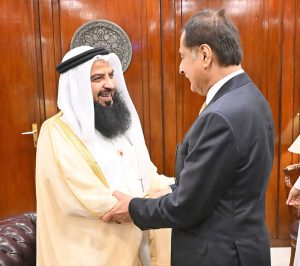 Member of the Shura Council/ Deputy Head of Legislative and Legal Affairs Committee of Shura Council of the Kingdom of Bahrain Dr. Adel Abdulrahman Al-Muawda called on Speaker National Assembly Sardar Ayaz Sadiq at Parliament House.
