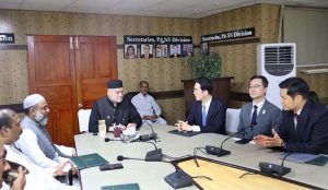 Federal Minister for Poverty Alleviation and Social Safety, Syed Imran Ahmed Shah, in a meeting with the Korean peace delegation of HWPL to discuss joint efforts for peace and development.