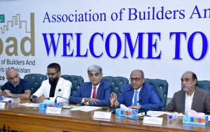 Sindh Minister for Local Government Saeed Ghani addressing the ceremony during In-House Materials Exhibition organized by Association of Builders and Developers of Pakistan at (ABAD) head office.