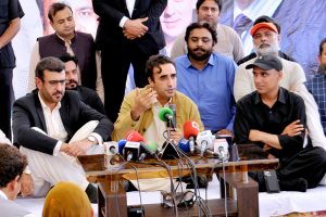 Chairman Pakistan Peoples Party, Bilawal Bhutto Zardari, addresses flood-affected people during his visit to Gilani Domra makeshift Tent City.