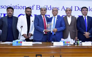 Sindh Minister for Local Government Saeed Ghani addressing the ceremony during In-House Materials Exhibition organized by Association of Builders and Developers of Pakistan at (ABAD) head office.