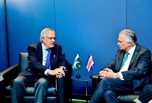 Deputy Prime Minister and Foreign Minister Senator Mohammad Ishaq Dar held a meeting with the Foreign Minister of Costa Rica, H.E. Arnoldo Andre Tinoco, on the sidelines of the 80th session of the UN General Assembly.