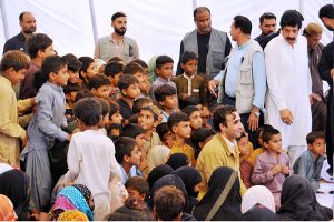 Chairman Pakistan Peoples Party, Bilawal Bhutto Zardari, addresses flood-affected people during his visit to Gilani Domra makeshift Tent City.