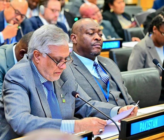 Deputy Prime Minister and Foreign Minister, Senator Mohammad Ishaq Dar delivers remarks in the Commonwealth Foreign Affairs Ministers Meeting (CFAMM) held at UN Headquarters, New York, on the sidelines of the 80th Session of the UN General Assembly