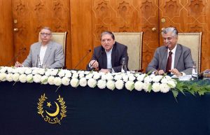 Senator Saleem Mandviwalla and Spokesperson to the President, Mr. Murtaza Solangi, addressing a press conference at Aiwan-e-Sadr regarding the President's recent visit to China.