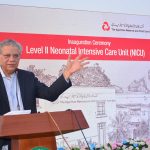 CEO Agha Khan University Hospital, Dr. Farhat Abbas addressing during inauguration ceremony of Level Ii Neonatal Intensive Care Unit at Agha Khan Maternal and Child Care Center at Jam Shoro Road