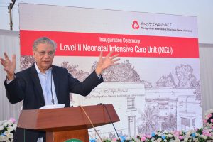 CEO Agha Khan University Hospital, Dr. Farhat Abbas addressing during inauguration ceremony of Level Ii Neonatal Intensive Care Unit at Agha Khan Maternal and Child Care Center at Jam Shoro Road