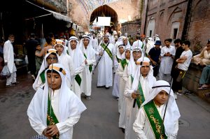 Youngsters in Arabic costumes participating in a rally celebrating the birthday of Prophet Muhammad (PBUH). Thousands of Muslims participating in religious processions to celebrate the Eid Milad un Nabi(PBUH) with religious enthusiasm across the world