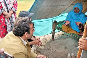 Chairman Pakistan Peoples Party, Bilawal Bhutto Zardari, addresses flood-affected people during his visit to Gilani Domra makeshift Tent City.