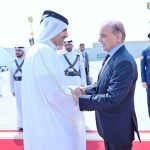 Qatar's Minister of Culture H.E. Sheikh Abdulrahman bin Hamad bin Jassim bin Hamad Al Thani welcomes Prime Minister Muhammad Shehbaz Sharif upon his arrival in Qatar.