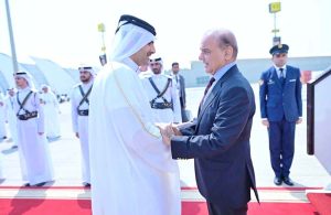 Qatar's Minister of Culture H.E. Sheikh Abdulrahman bin Hamad bin Jassim bin Hamad Al Thani welcomes Prime Minister Muhammad Shehbaz Sharif upon his arrival in Qatar.