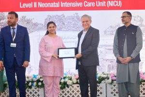 CEO Agha Khan University Hospital, Dr. Farhat Abbas addressing during inauguration ceremony of Level Ii Neonatal Intensive Care Unit at Agha Khan Maternal and Child Care Center at Jam Shoro Road