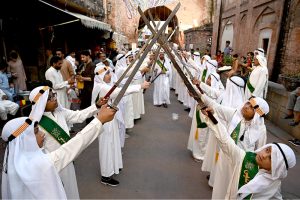 Youngsters in Arabic costumes participating in a rally celebrating the birthday of Prophet Muhammad (PBUH). Thousands of Muslims participating in religious processions to celebrate the Eid Milad un Nabi(PBUH) with religious enthusiasm across the world