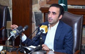 Pakistan Peoples Party Chairman Bilawal Bhutto Zardari addresses a press conference at CM House.