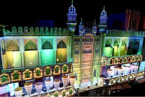 An illuminated view of Jamia Masjid Shah Inayat Qadri (Oonchi Masjid) decorated with colorful lights in connection with Eid Milad-un-Nabi (SAWW) Celebrations