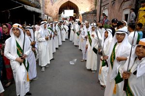 Youngsters in Arabic costumes participating in a rally celebrating the birthday of Prophet Muhammad (PBUH). Thousands of Muslims participating in religious processions to celebrate the Eid Milad un Nabi(PBUH) with religious enthusiasm across the world