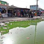 A view of stagnant sewerage water accumulated in front of New Bus Stand shops