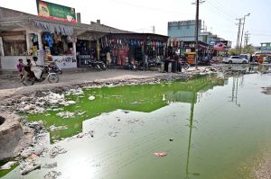 A view of stagnant sewerage water accumulated in front of New Bus Stand shops