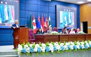 Federal Minister for National Food Security & Research, Rana Tanveer Hussain, addressing the International Conference on Biosciences at Allama Iqbal Open University.