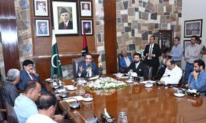 Pakistan Peoples Party Chairman Bilawal Bhutto Zardari addresses a press conference at CM House